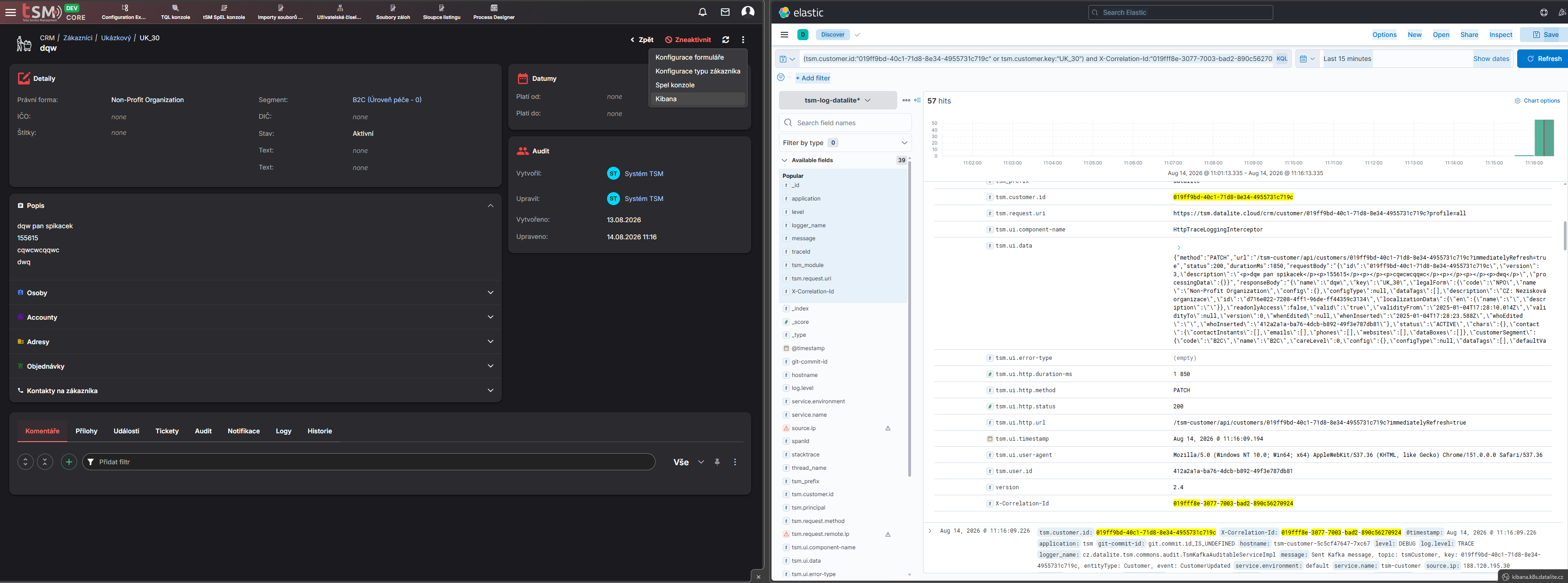 Kibana button in the customer detail overflow menu, with the resulting Kibana query