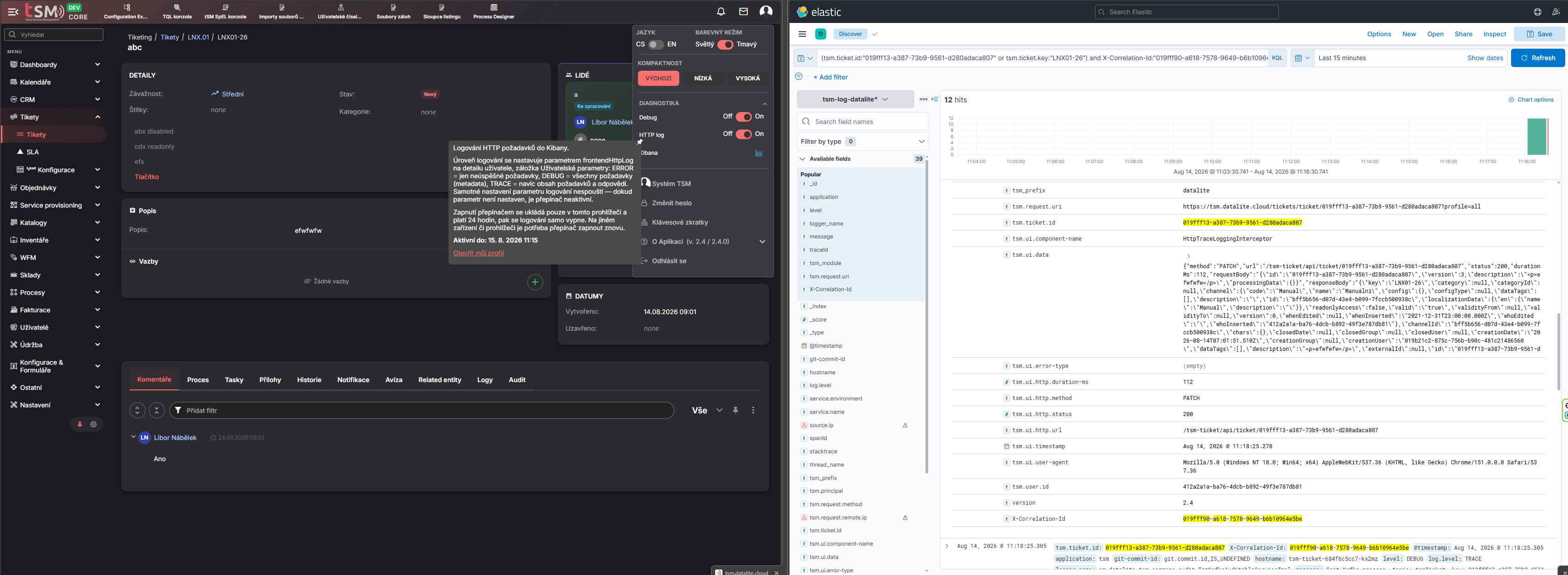 Diagnostics section with the HTTP log switch and the Kibana button